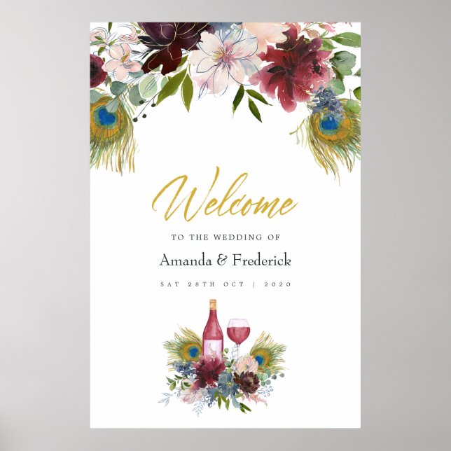 Affiche Bourgogne et marine Peacock Vin à thème Mariage (Devant)