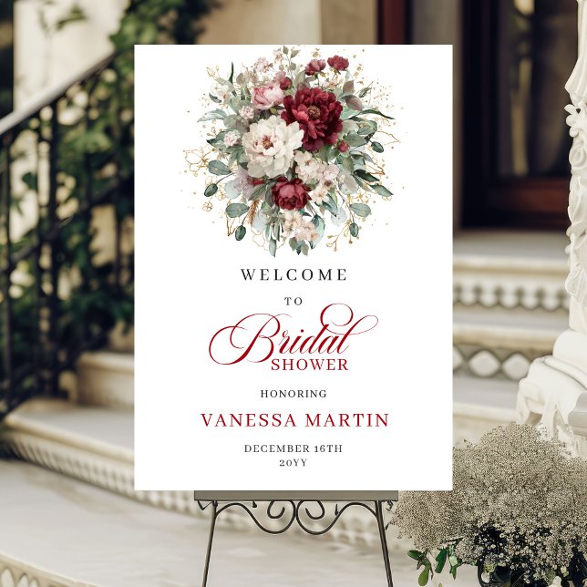 Affiche Bourgogne Fleurs de Mariage Accueil Rouge Profond (Burgundy Deep Red Floral Bridal Shower Welcome)