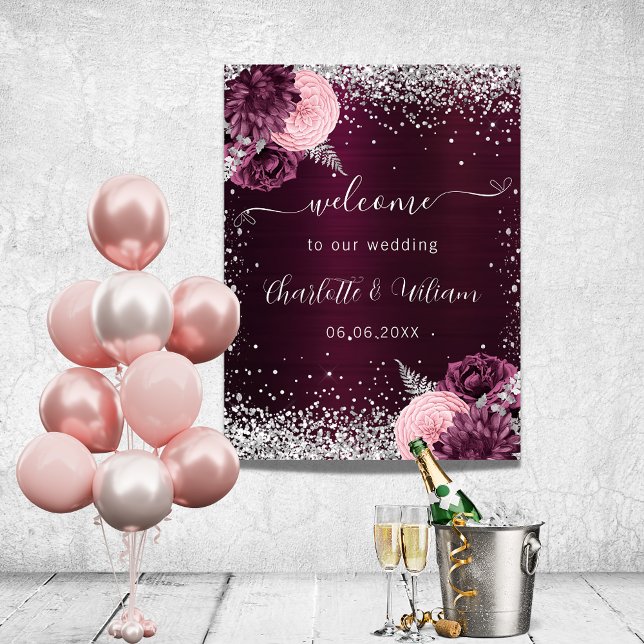 Affiche Bourgogne fleurs roses argentées bienvenue mariage (Créateur téléchargé)
