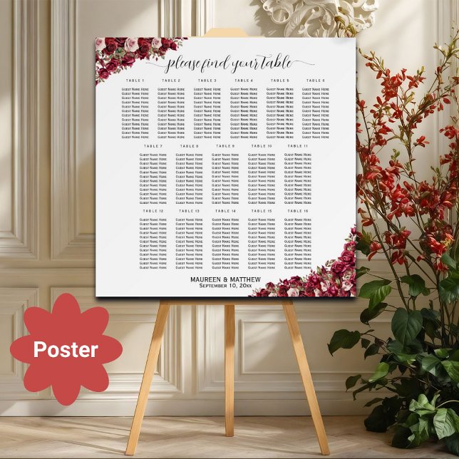 Affiche Bourgogne Floral 16 Tables Siège Mariage (Créateur téléchargé)