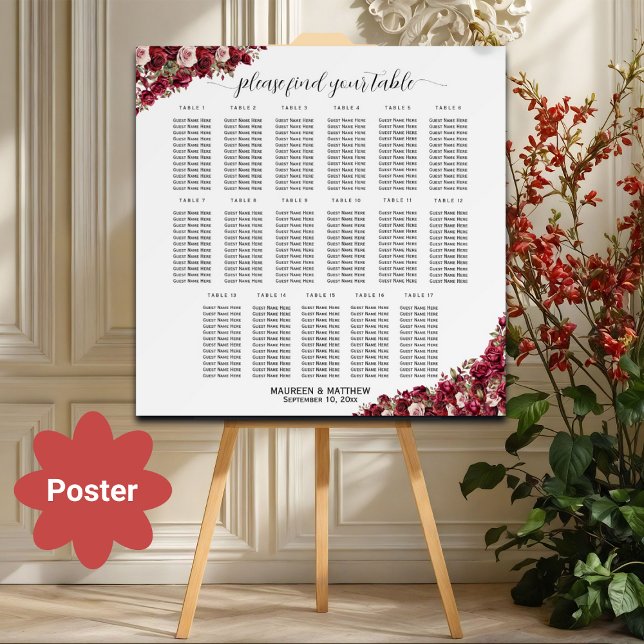 Affiche Bourgogne Floral 17 Tables Siège Mariage (Créateur téléchargé)