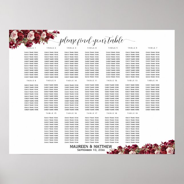 Affiche Bourgogne Floral 19 Tables Siège Mariage (Devant)