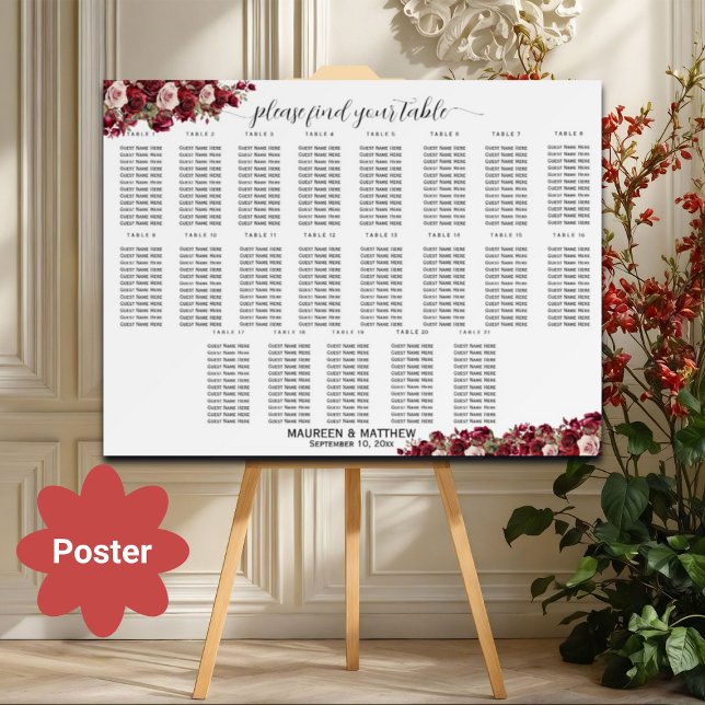 Affiche Bourgogne Floral 21 Tables Siège Mariage (Créateur téléchargé)