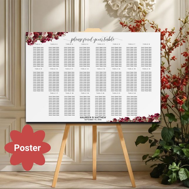 Affiche Bourgogne Floral 22 Tables Siège Mariage (Créateur téléchargé)