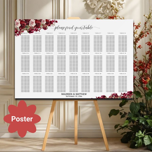 Affiche Bourgogne Floral 27 Tables Siège Mariage (Créateur téléchargé)