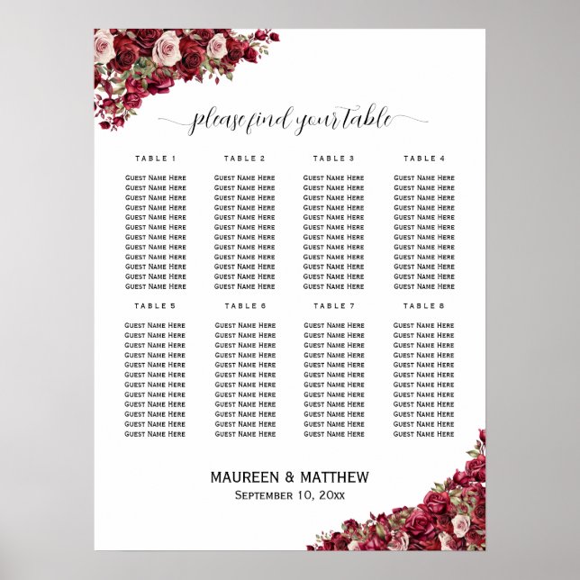 Affiche Bourgogne Floral 8 Tables Siège Mariage (Devant)