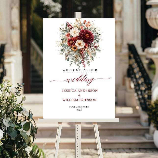 Affiche Bourgogne Floral Boho Verdure Mariage Bienvenue (Fall Burgundy Floral Boho Greenery Wedding Welcome Sign

)