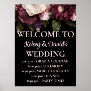 Affiche Bourgogne & Mariage rose Floral Détails Bienvenue