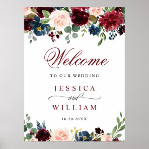 Affiche Bourgogne Navy Blush Fleurs Mariage Bienvenue