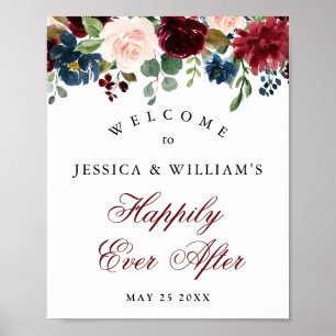 Affiche Bourgogne Navy Blush Fleurs Mariage Bienvenue