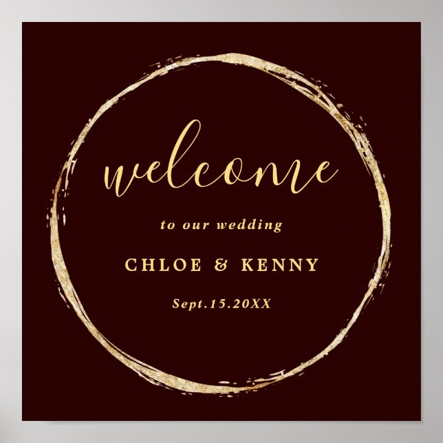 Affiche Bourgogne & or Rustic Gold Circle Mariage Bienvenu (Devant)