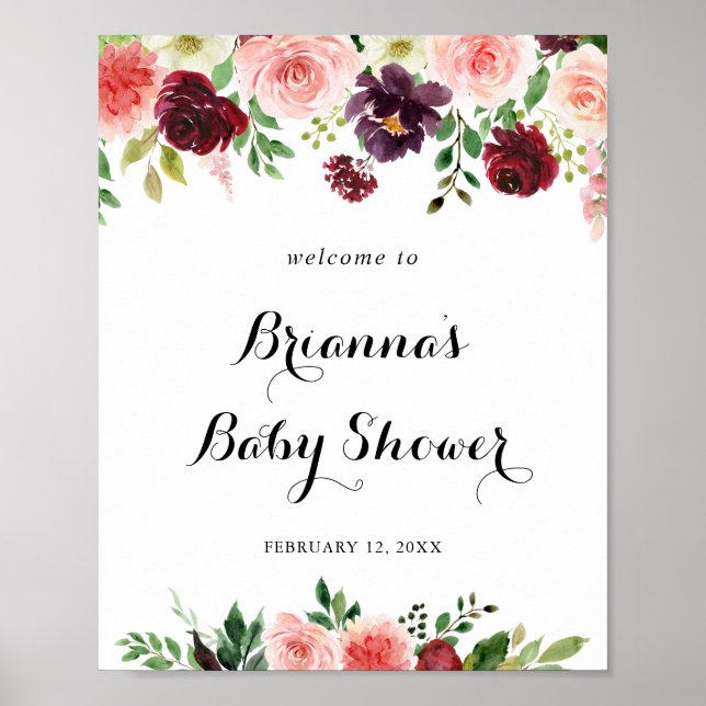 Affiche Bourgogne Purple Spring Baby shower Floral Bienven (Devant)