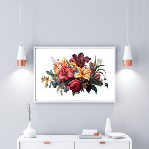 Affiche Bourgogne Rouge Foncé Pêche Floral Vintage Feuilla