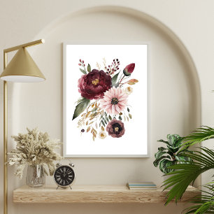 Affiche Bourgogne Rouge Rose Pâle Aquarelle Floral Botaniq