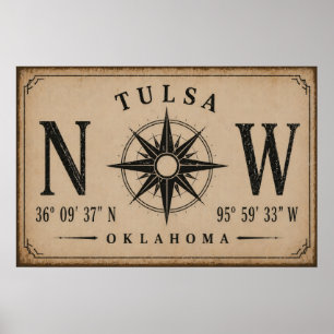 Affiche Boussole Coordonnées Vintage Tulsa Oklahoma