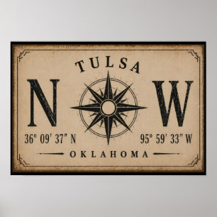Affiche Boussole Coordonnées Vintage Tulsa Oklahoma