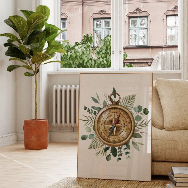Affiche Boussole de la nature aux feuilles tropicales vert (In situ living room)