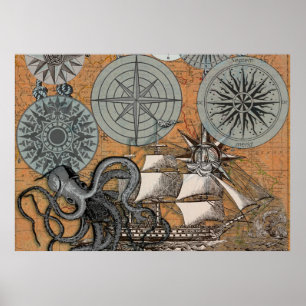 Affiche Boussole Rose Vintage Nautique Octopus Ship