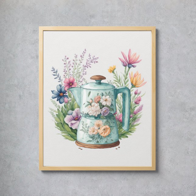 Affiche Bouteille de café colorée fleur sauvage (Wildflowers Watercolor Colorful Coffee Kettle Poster
)