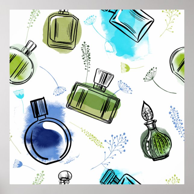 Affiche Bouteille de parfum motif sans soudure et texte aq (Devant)