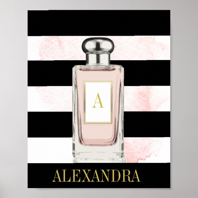 Affiche Bouteille de parfum rose Noir Bande Chic Monogramm (Devant)
