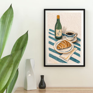 Affiche Bouteille de vigne verte, thé noir, croissant en d