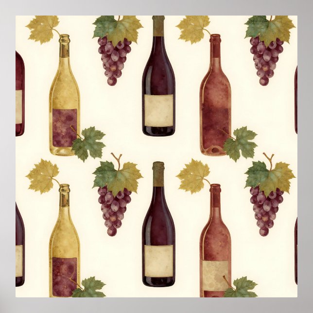 Affiche Bouteille de vin vintage motif vigne (Devant)