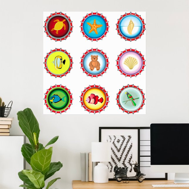 Affiche Bouteille Tropicale Casquettes Design Océan et Fau (Créateur téléchargé)