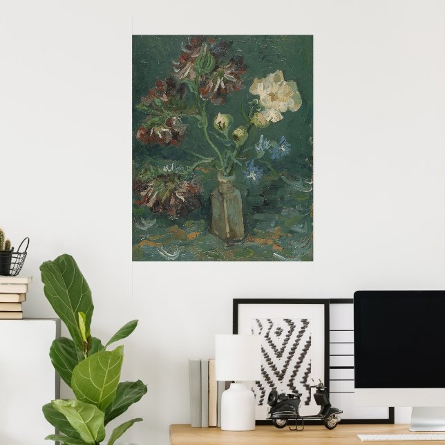 Affiche Bouteille Van Gogh avec des pivoines et des delphi (Bureau à domicile)