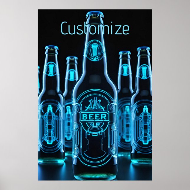 Affiche Bouteilles de bière de néon bleu (Devant)