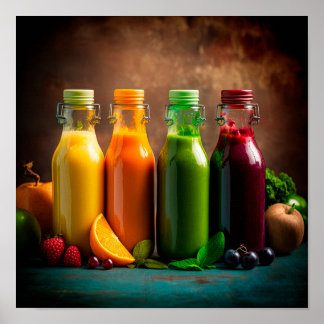 Affiche Bouteilles de fruits frais et jus de légumes.