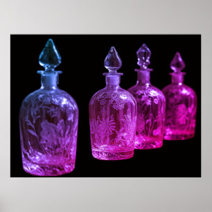 Affiche Bouteilles de parfum en verre rétro gravé Rouge+Bl