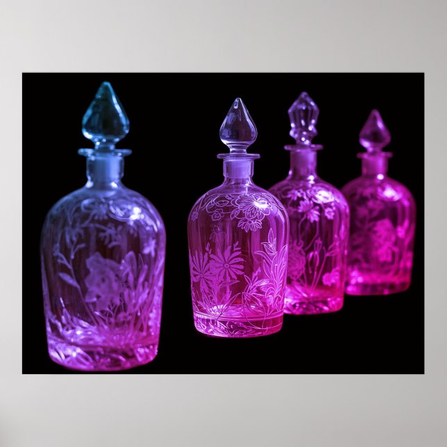 Affiche Bouteilles de parfum en verre rétro gravé Rouge+Bl (Devant)