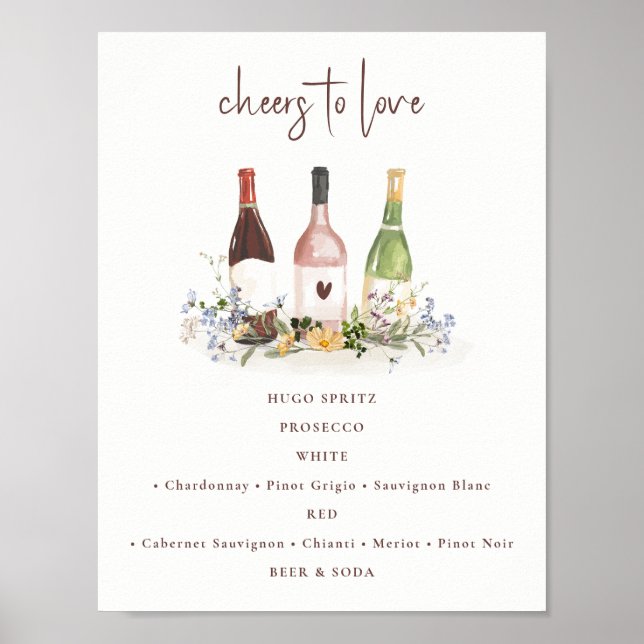 Affiche Bouteilles de vin de fleurs sauvages Signe de bois (Devant)