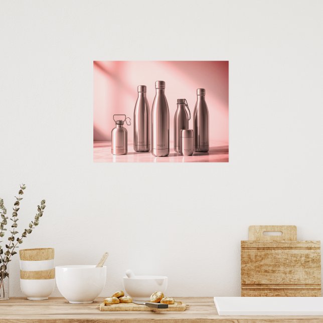 Affiche Bouteilles d'eau en acier teinté de rose sur un mu (Cuisine)
