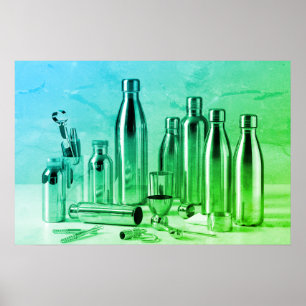 Affiche Bouteilles d'eau en acier vert brillant sur un mur