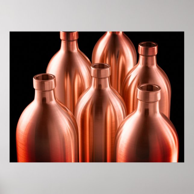 Affiche Bouteilles en acier couleur rouille sur fond noir  (Devant)