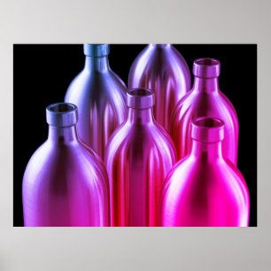 Affiche Bouteilles en acier rouge et violet sur fond noir