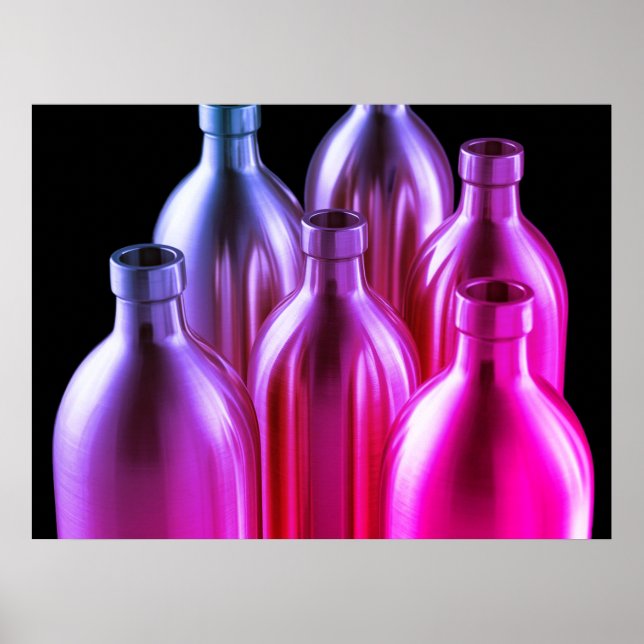 Affiche Bouteilles en acier rouge et violet sur fond noir  (Devant)