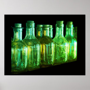 Affiche Bouteilles en verre rétro coloré vert fermées par