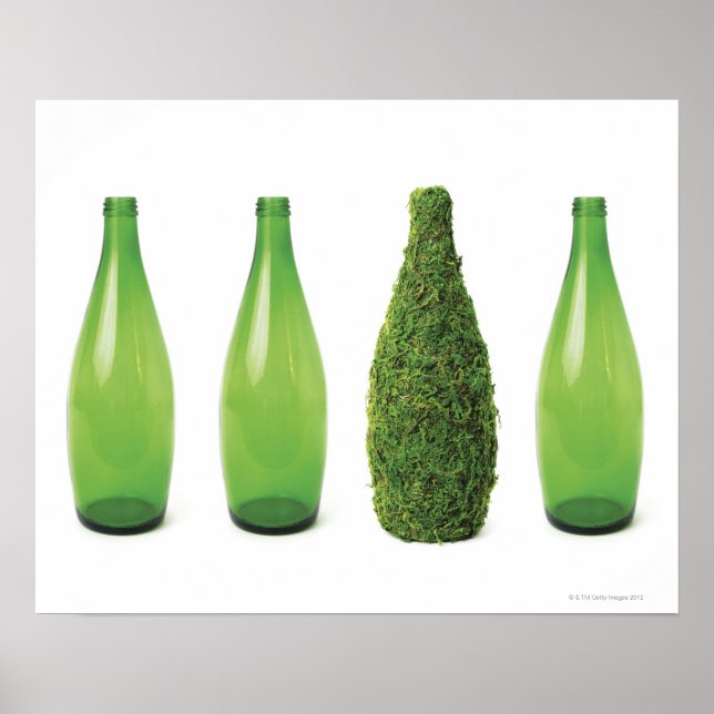 Affiche Bouteilles en verre vert montrant le recyclage et (Devant)