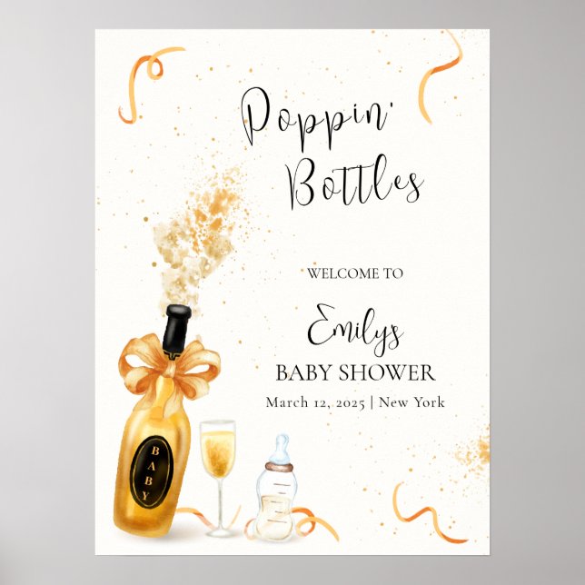 Affiche Bouteilles Gold Poppin Champagne Baby shower Bienv (Devant)