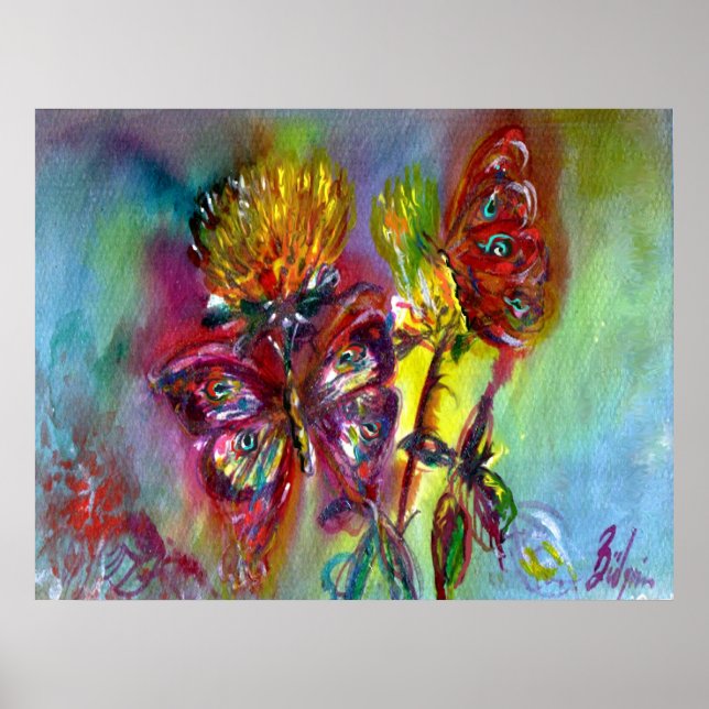 AFFICHE BOUTEILLES ROUGES SUR THISTLES JAUNES, CIEL BLEU F (Devant)