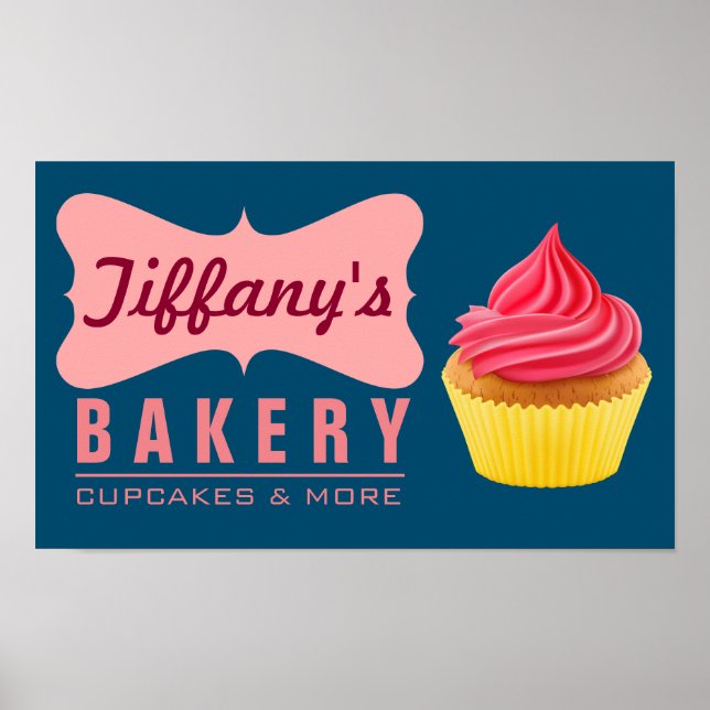 Affiche Boutique Élégante Rétro de Gâteaux Cupcakes Roses (Devant)