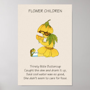 Affiche Bouton d'or Enfants Fleur de Livre Ancien