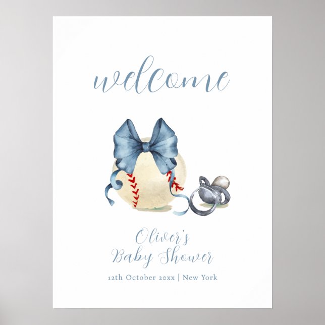 Affiche Bow Pacifier Baseball Sport Baby Shower Welcome  (Devant)
