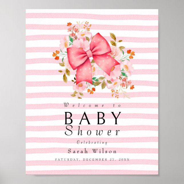 Affiche Bow rose baby shower d'aquarelle florale (Devant)