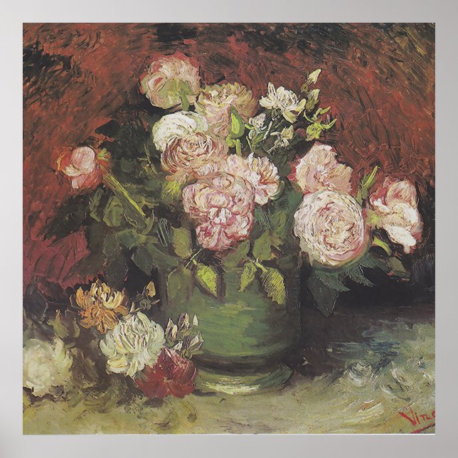 Affiche Bowl avec Peonies et Roses par Vincent van Gogh (Devant)