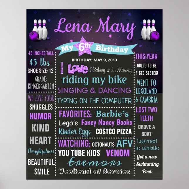 Affiche Bowling Birthday craie panneau fille (Devant)