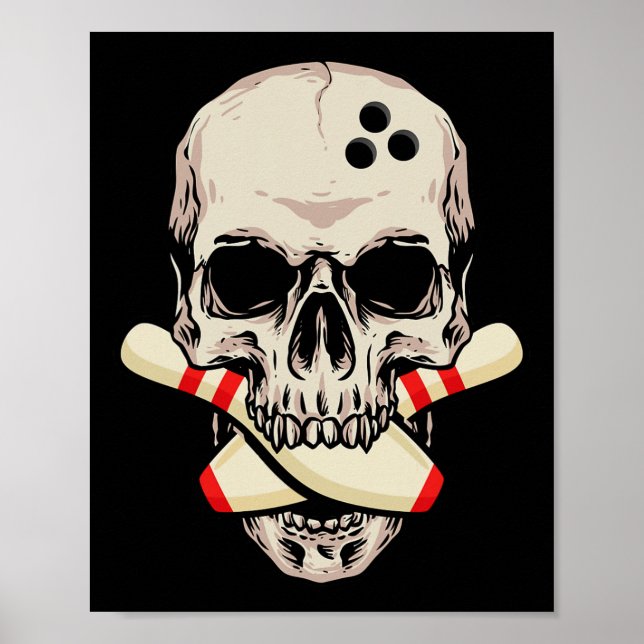 Affiche Bowling Pins Retro Skull Skeleton Head Bowling Bal (Devant)